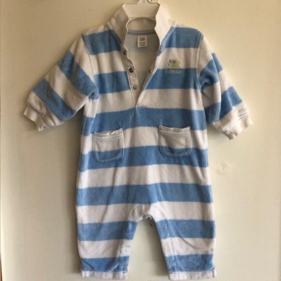 GAP Other - BABY GAP Velour Blue White Stripe Long Sleeve Pocket One Piece 3-6 Mos